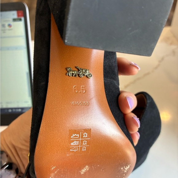 Coach Black Suede Block Heels with Gold Buckle - Picture 5 of 9